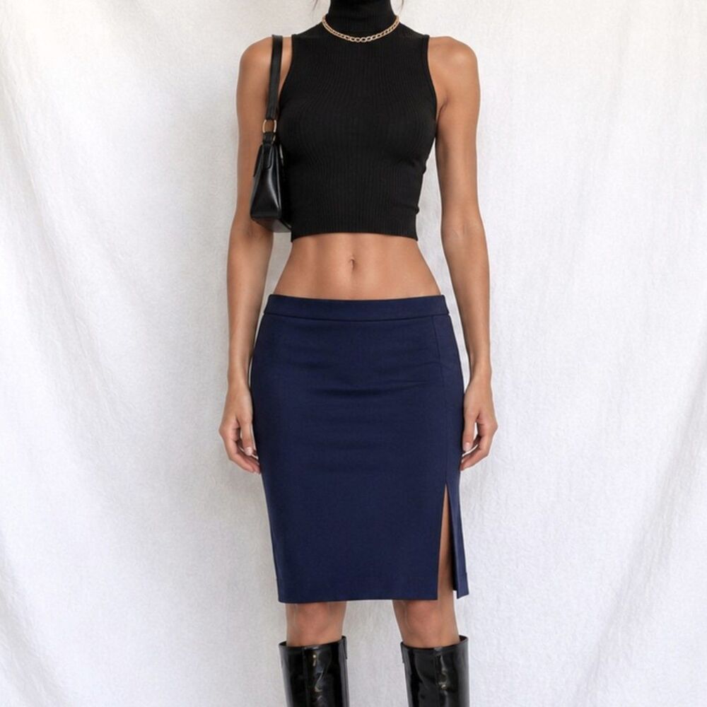 Vintage Y2K Navy Blue Knee Length Straight Pencil Bodycon Skirt W/ Slit Size S/M